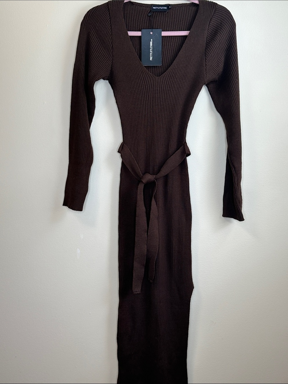 PrettyLittleThing Brown Ribbed V-Neck Long Sleeve Belted Maxi Dress